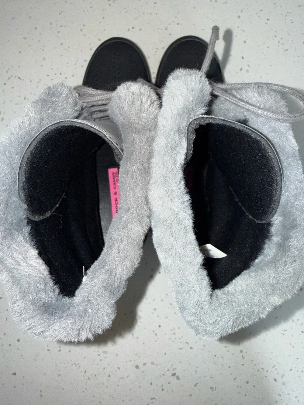 Rock & Candy Gray and Black Lace-Up Winter Boots with Faux Fur Trim